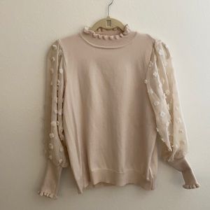 Beige/Cream knit top with sheer sleeve detail